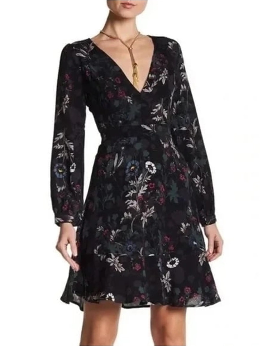 ASTR Black Floral V-Neck Long Sleeve Mini Dress